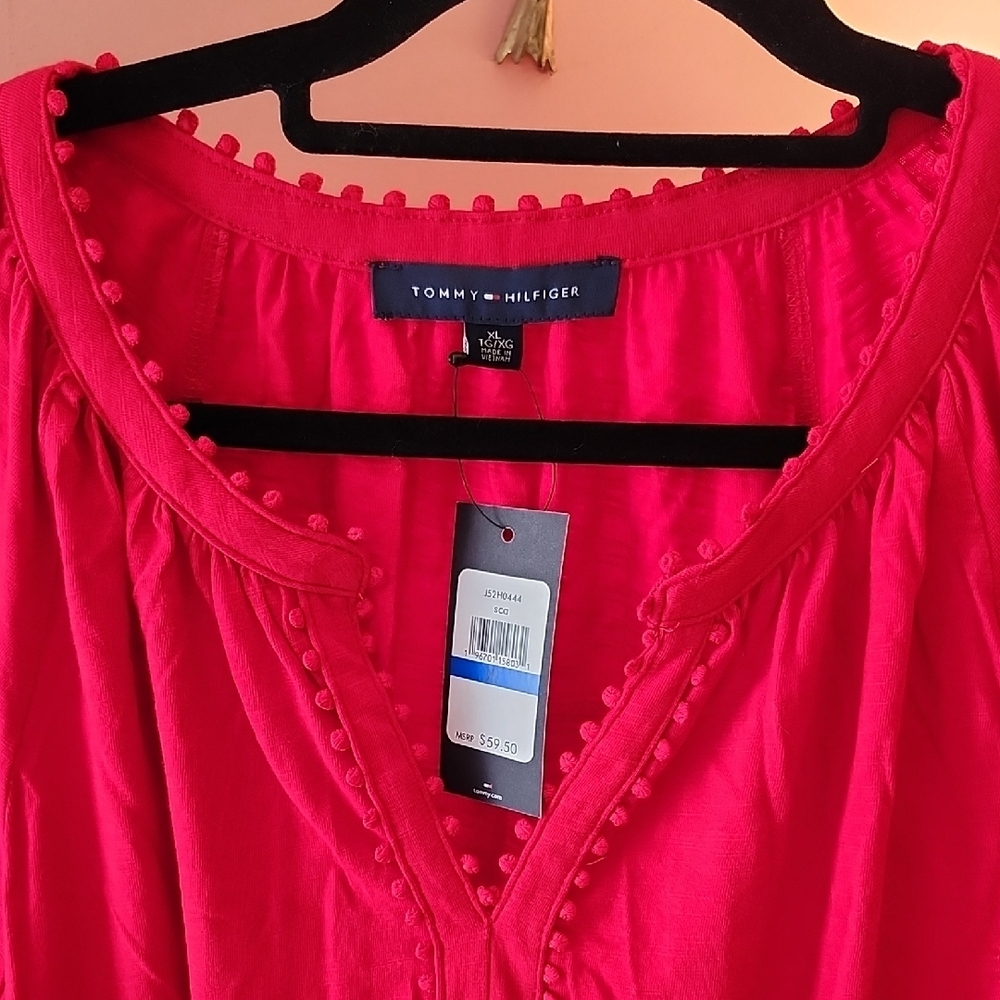 Tommy Hilfiger Red Blouse with Pom-Pom Trim - Picture 3 of 6